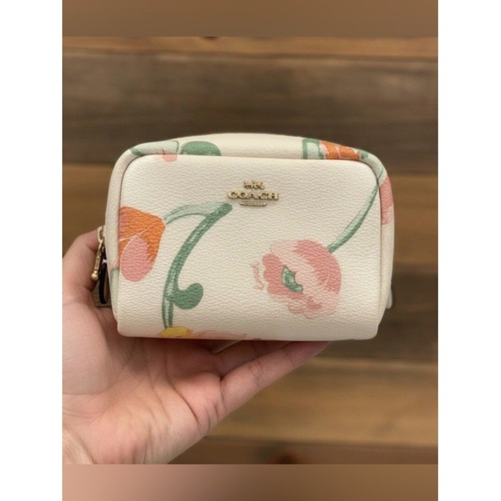 Coach Dreamy Land Floral Mini Boxy Cosmetic Case Makeup Bag Cream